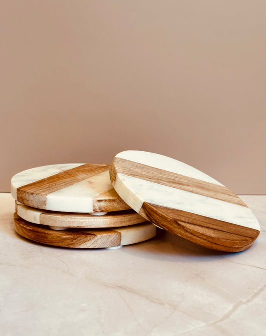 Set of 4 Round Marble & Wood Coasters